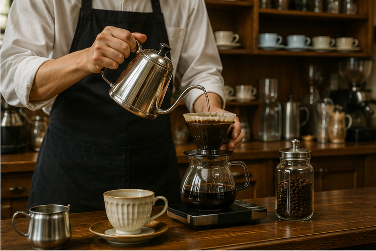 カウンター越しにコーヒーを淹れる店主の手元