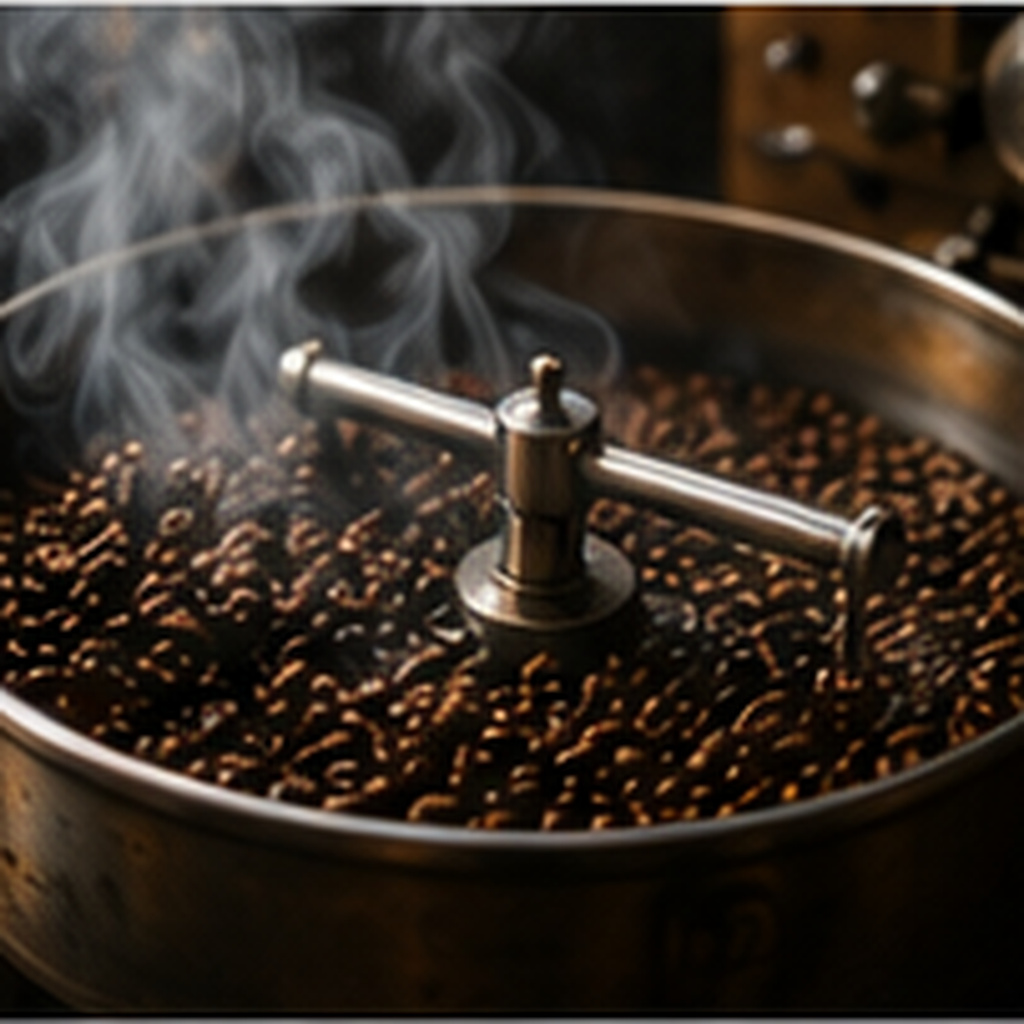 店内の焙煎機と、焙煎したてのコーヒー豆