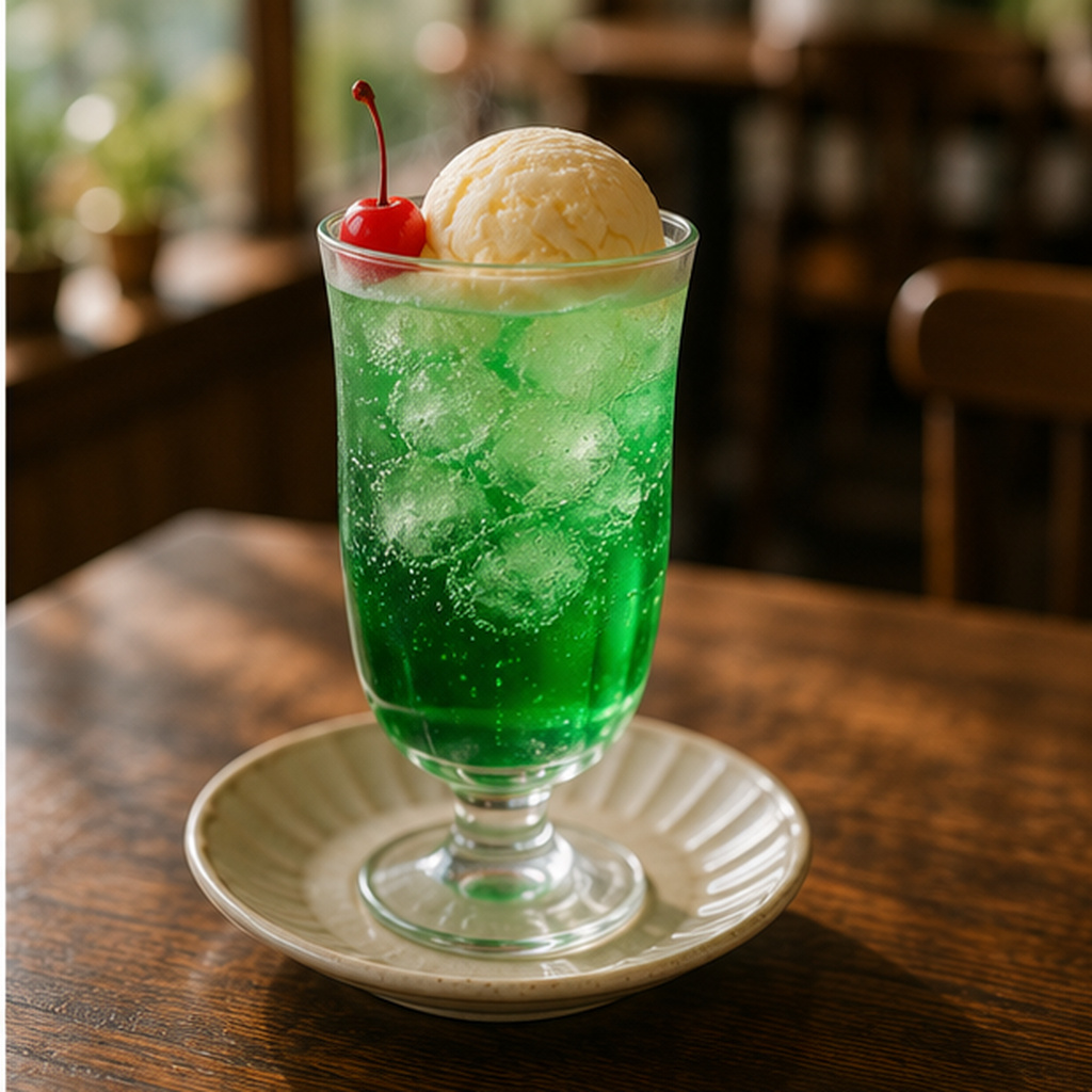 緑色のソーダにアイスをのせたクリームソーダ